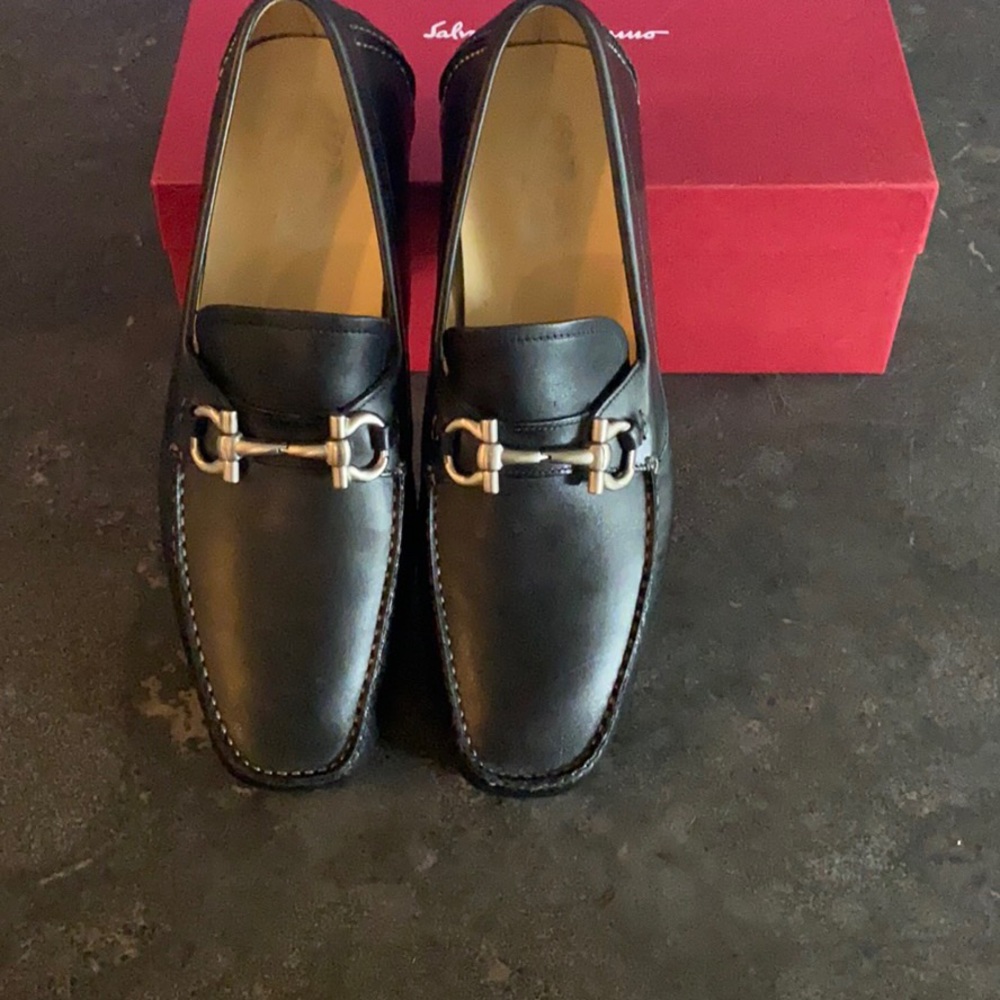 Salvatore Ferragamo Black Gancini Driving Loafers